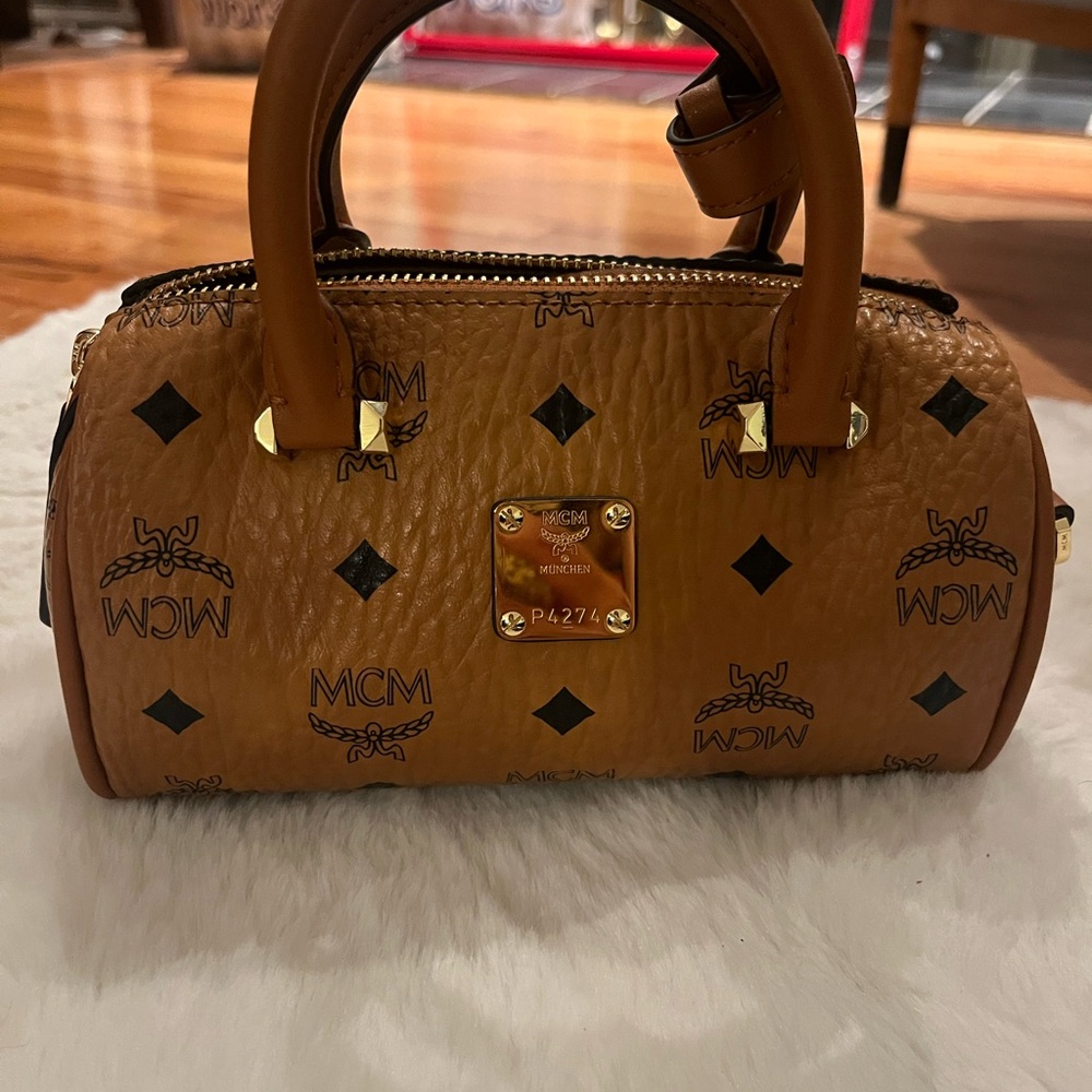 MCM Tan Satchel with Monogram Print and Leather Handles
